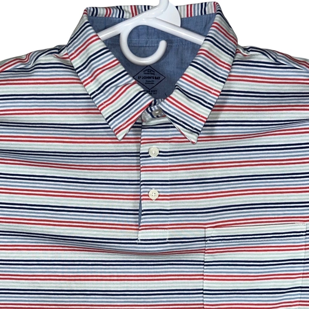 St Johns Bay Mens Medium Polo Shirt Short Sleeve Striped Red Blue White EUC